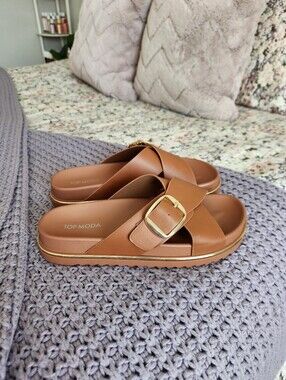 TOP Moda tan buckle slide mules with gold trim